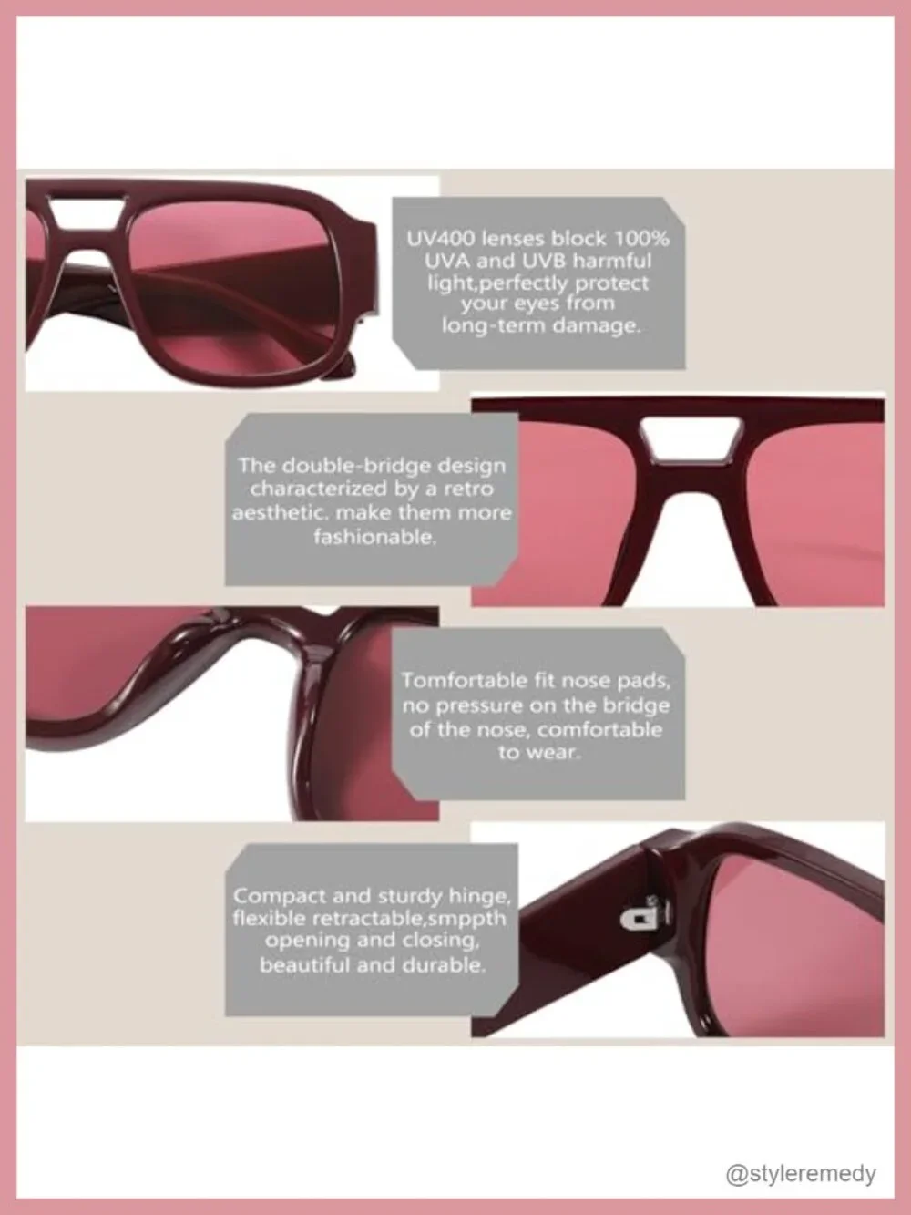 Retro Oversized Aviator Sunglasses Women Men Square Double Bridge UV400